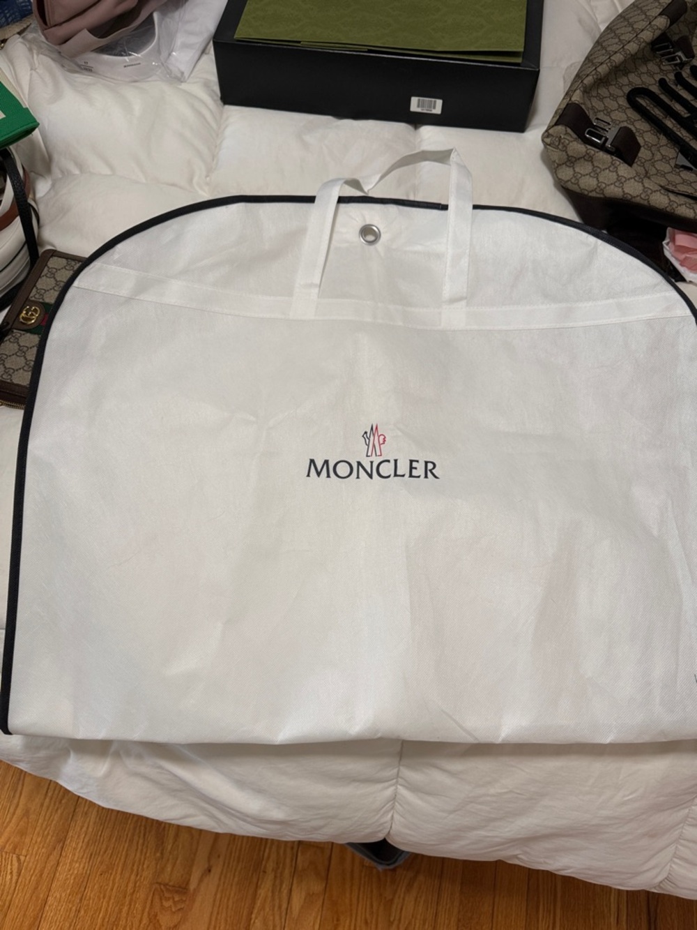 Moncler White Garment Bag with Black Piping and Logo